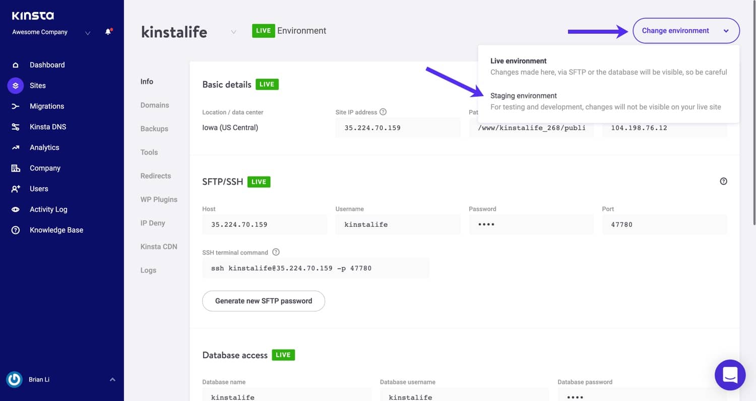 Skift til dit WordPress scenemiljø i MyKinsta.
