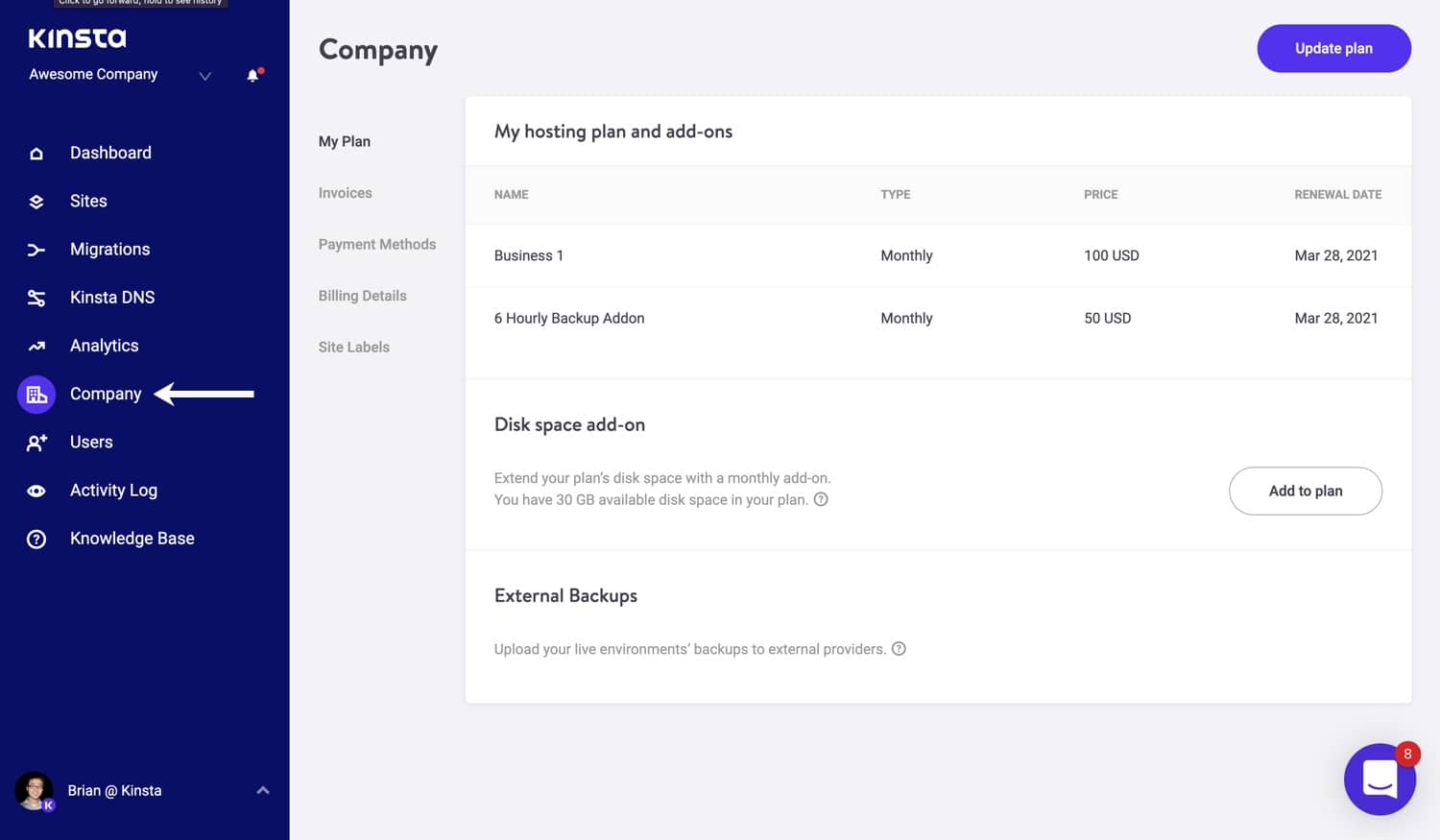 Navega hasta "Empresa" en MyKinsta.
