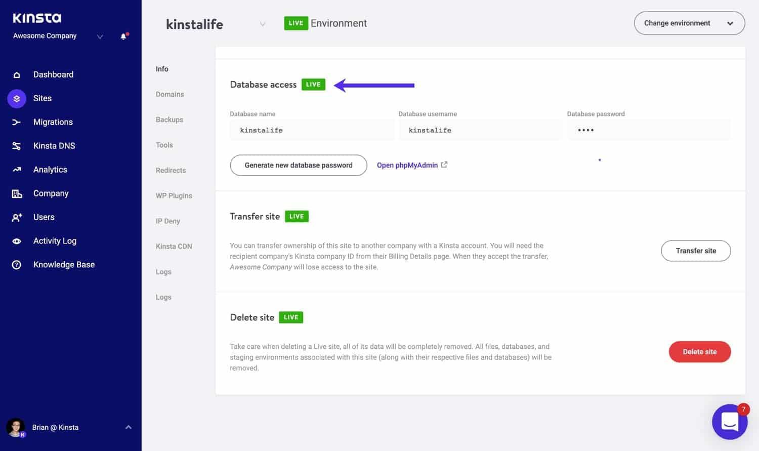 Database access credentials in MyKinsta Database access credentials in MyKinsta.