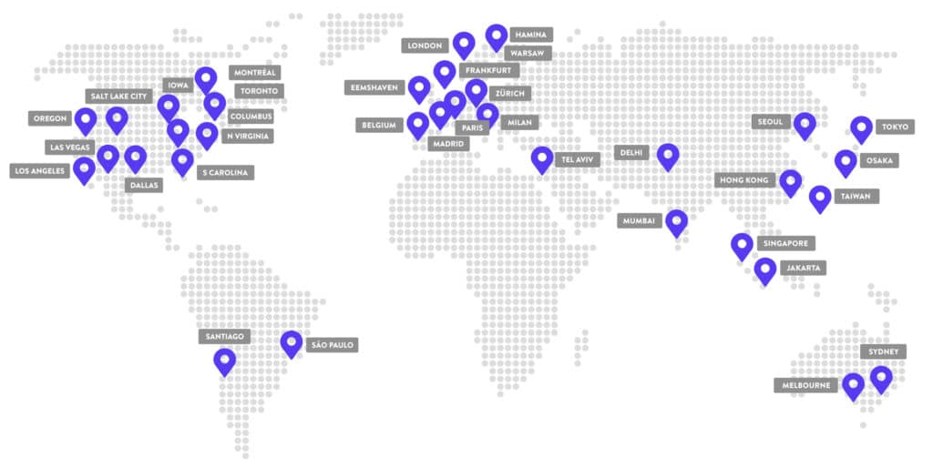 A map with pins showing Kinsta's global data center locations.
