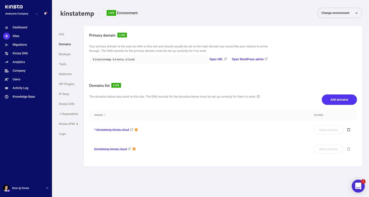 URL WordPress temporaneo per tutti i siti Kinsta.