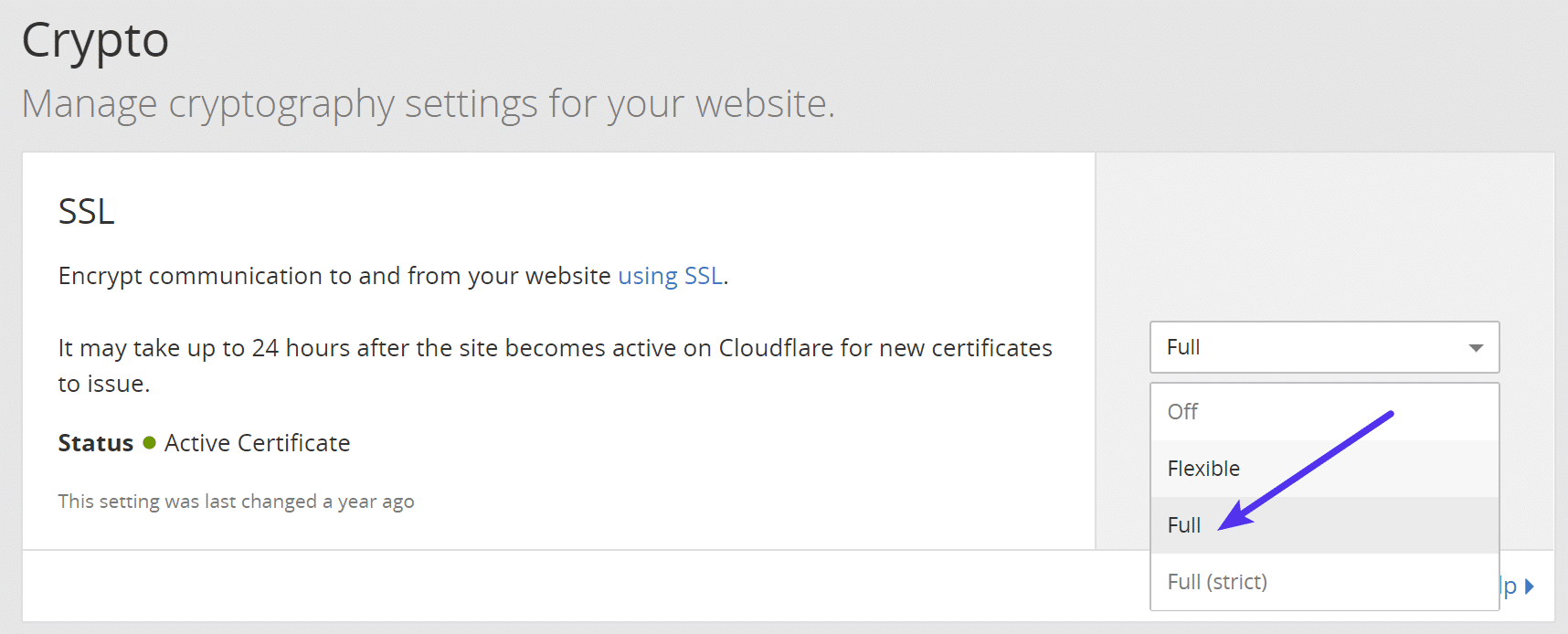 Cloudflare Crypto設定で「Full」を選択