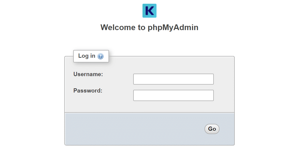 Pagina di login di phpMyAdmin.