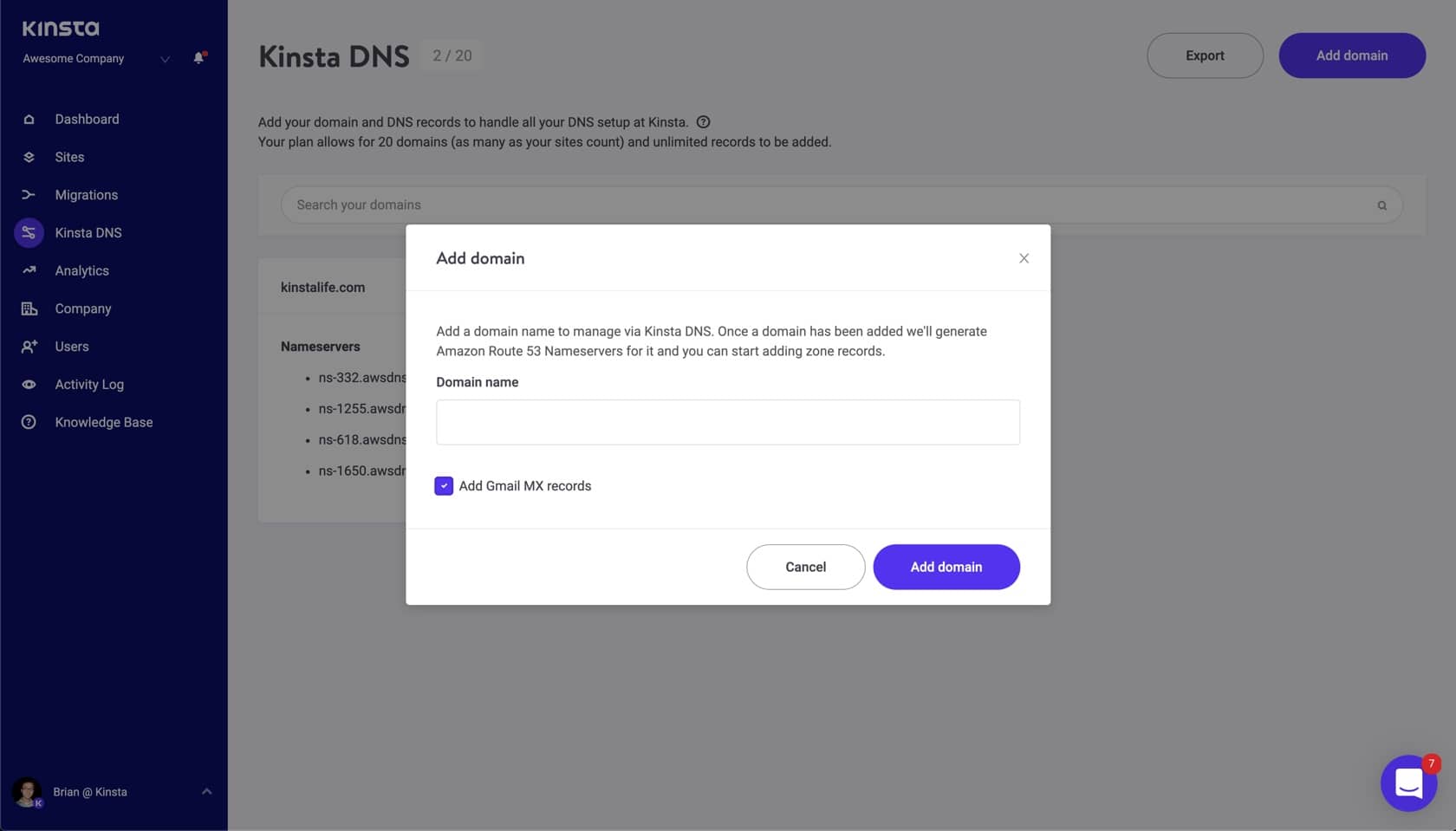 Automatically add Gmail MX records with Kinsta DNS.