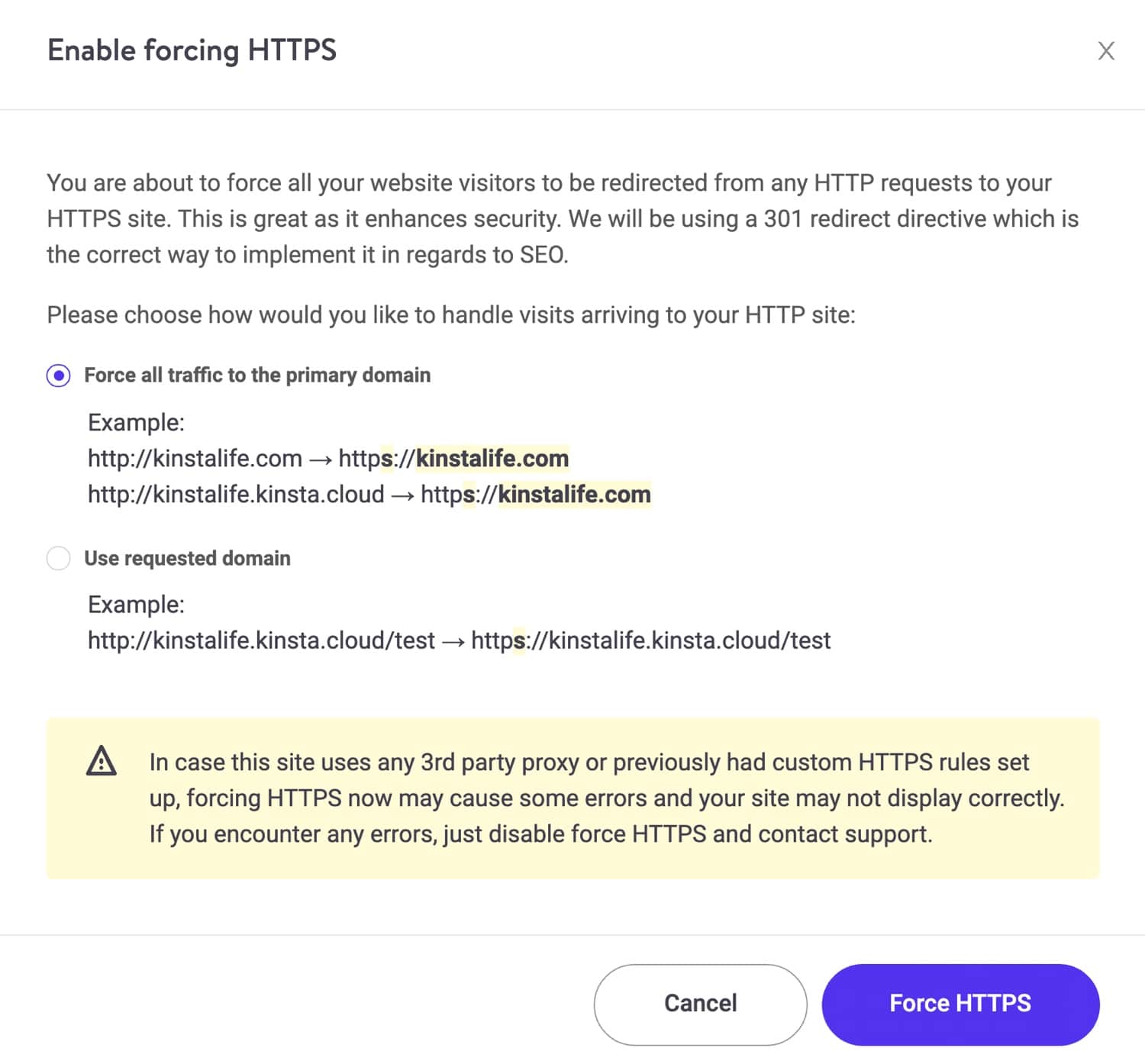 Forceer HTTPS opties.