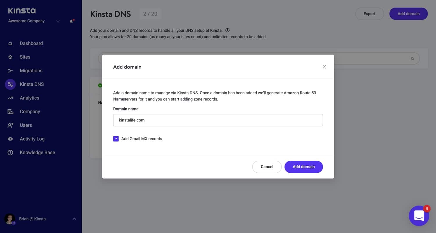 Add your domain name to Kinsta DNS.