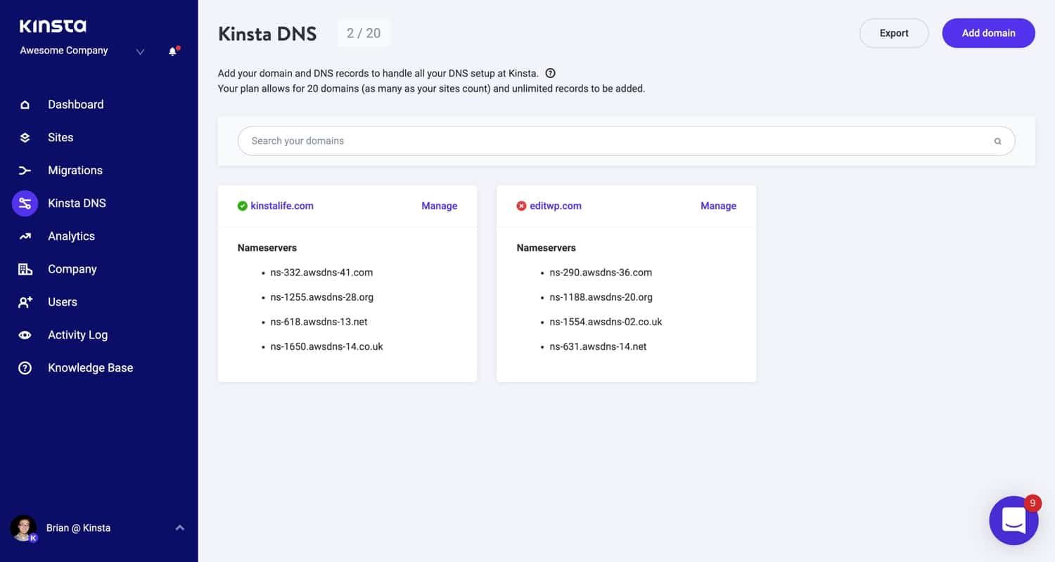 Kinsta DNS name servers in MyKinsta. Kinsta servidores de nomes DNS em MyKinsta.