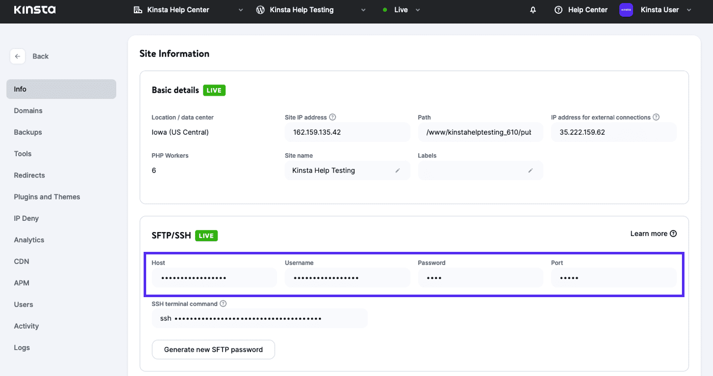 Trovate i vostri dati SFTP in MyKinsta.