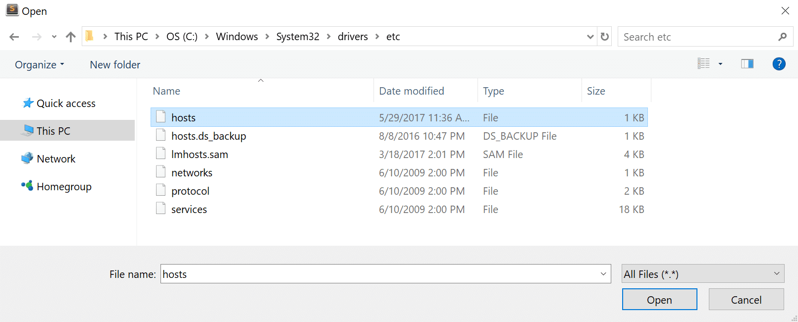 open hosts file with hosts selected