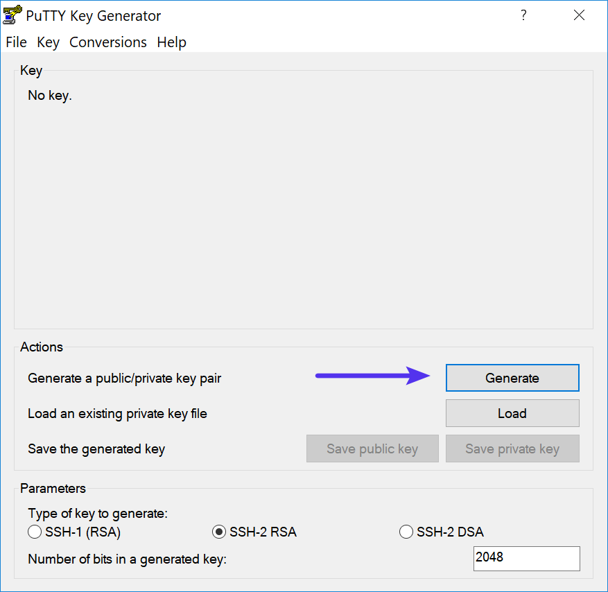 Generate a new key in PuTTY Key Generator.