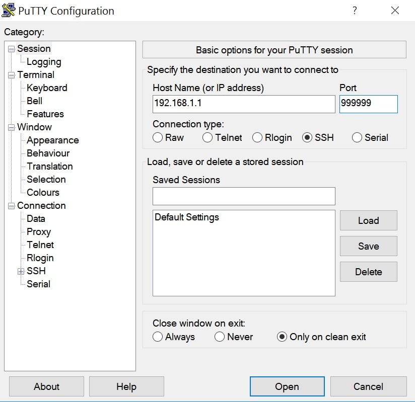 IP de l'hôte et numéro de port dans le client PuTTY.