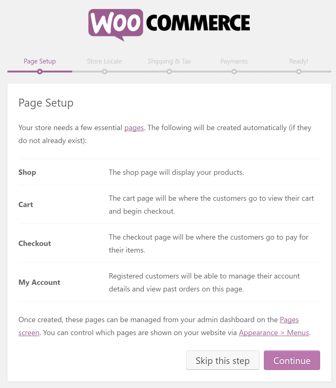 woocommerce page setup