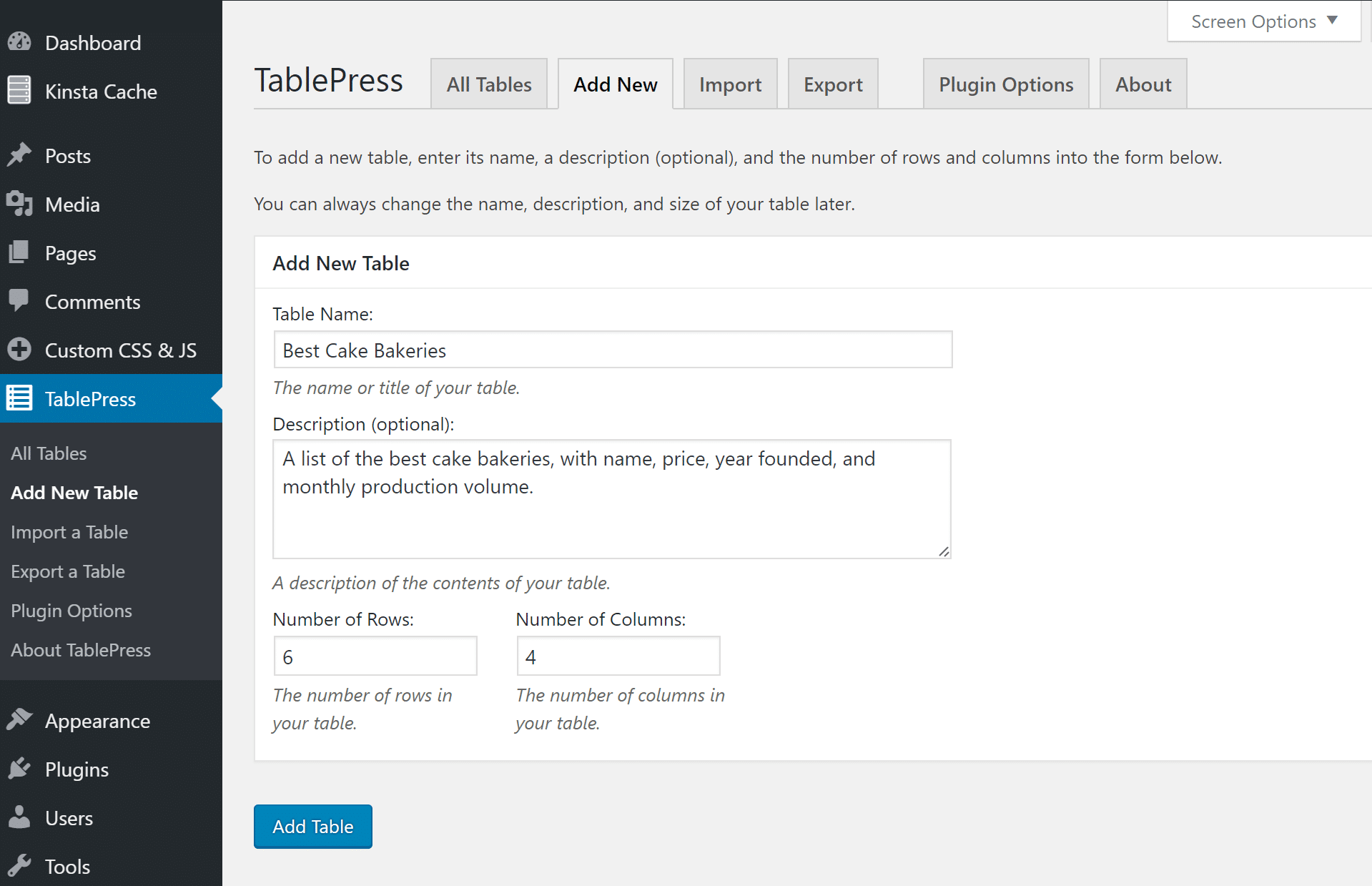 Add new table in TablePress