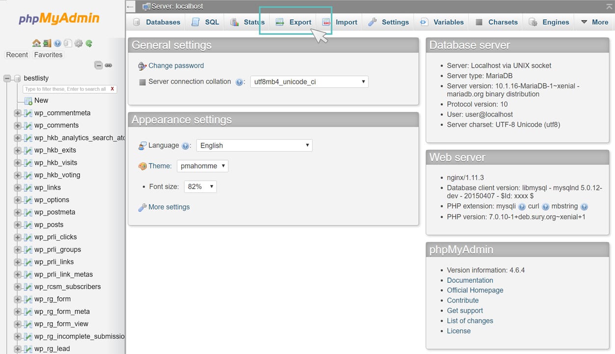 export database phpmyadmin