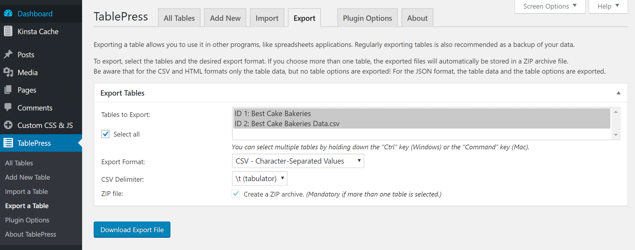 Export table in TablePress