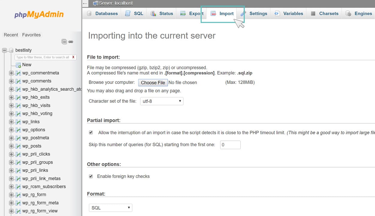 wordpress migration - import database phpmyadmin