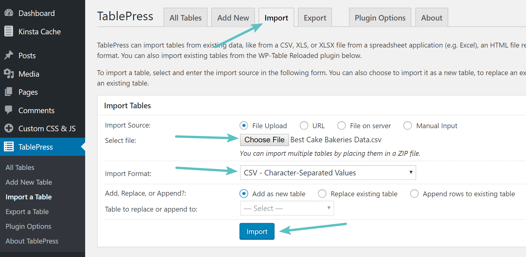 Import table in TablePress