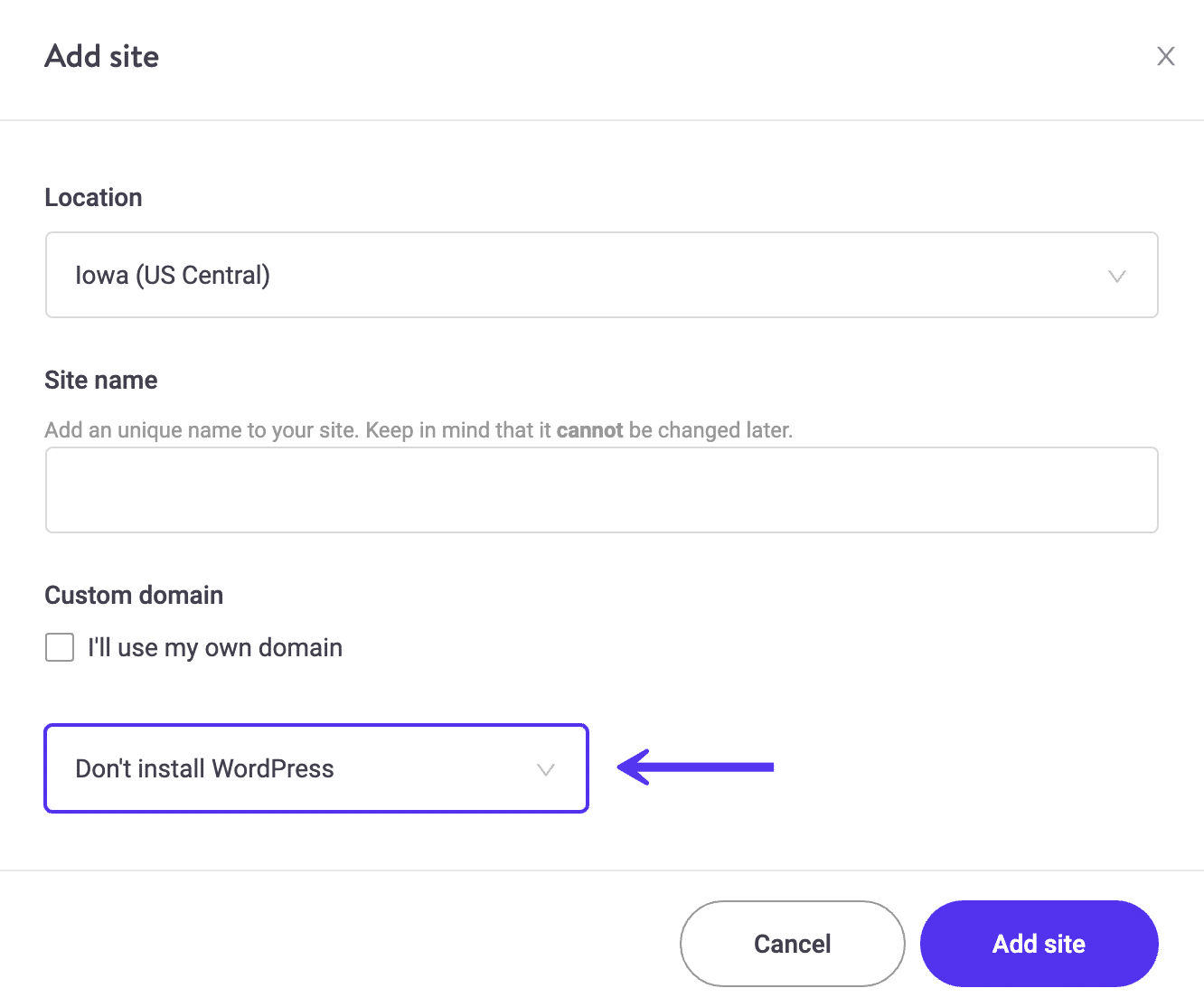 Nouvelle installation - Ne pas installer WordPress