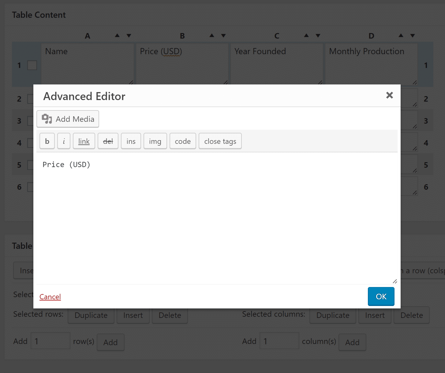 TablePress advanced editor-box