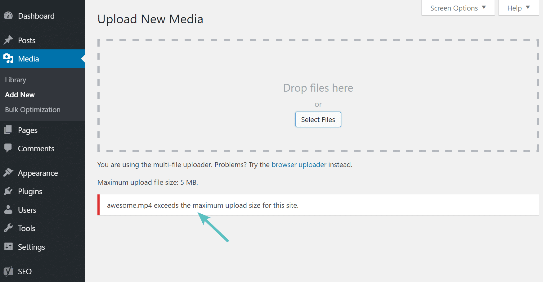 Outro exemplo do erro de tamanho máximo de upload no WordPress