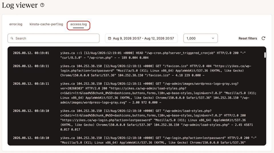 Uno screenshot che mostra un file access.log all'interno del visualizzatore di log di MyKinsta.