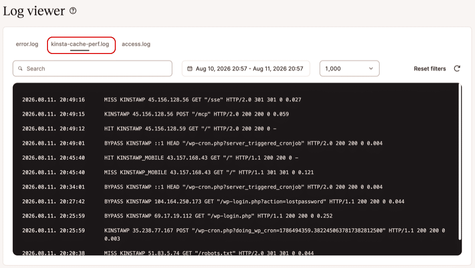 Screenshot showing a kinsta-cache-perf.log within the MyKinsta Log viewer.