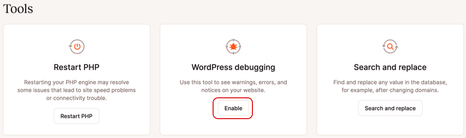 A screenshot showing part of the Tools page in MyKinsta with the WordPress debugging Enable button highlighted.