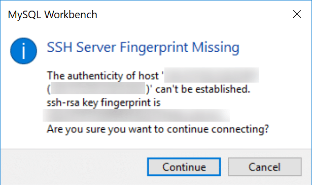 「SSH Server Fingerprint Missing」ポップアップ
