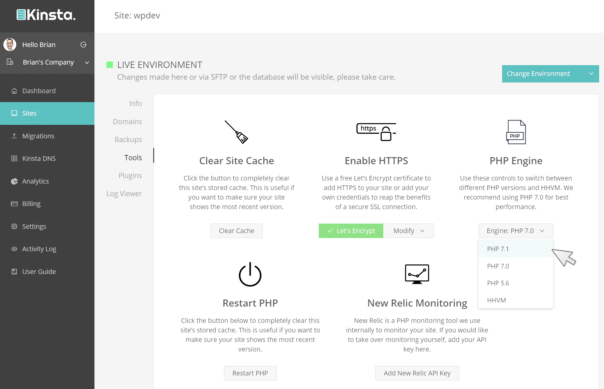 Changing the WordPress PHP version on Kinsta