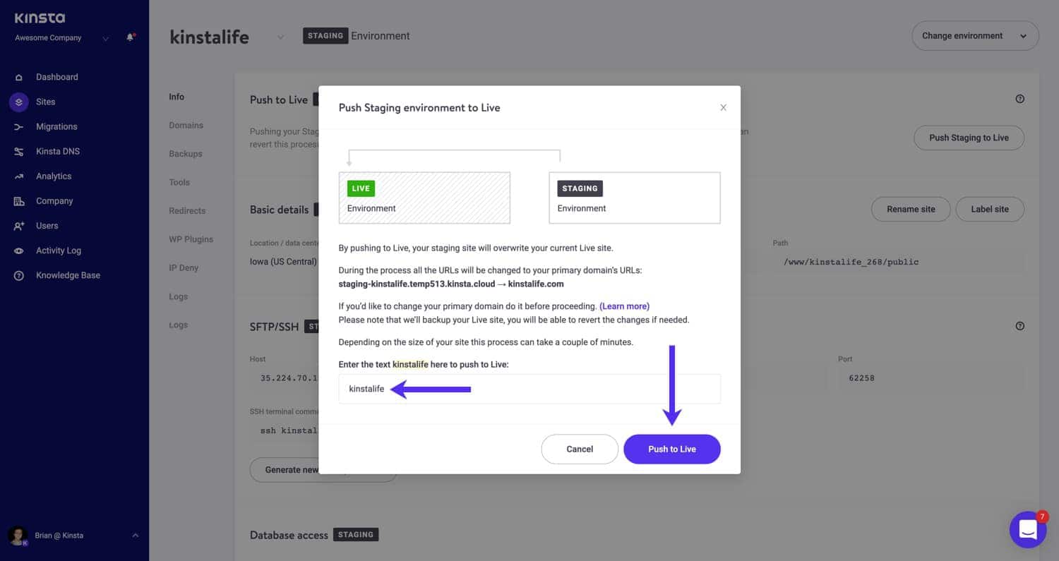 Confirmar pasar a producción en MyKinsta