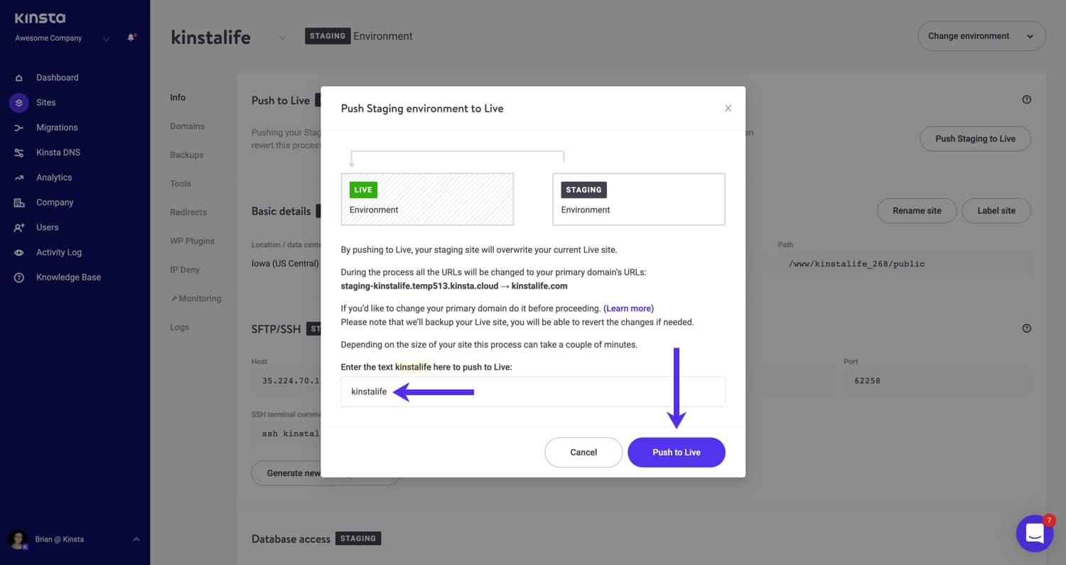 Confirm push to live in MyKinsta.