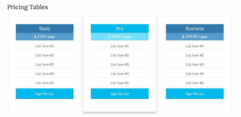 pricing table in wordpress with code