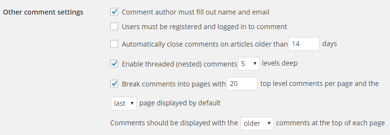 screenshot of other comment settings in WordPress admin