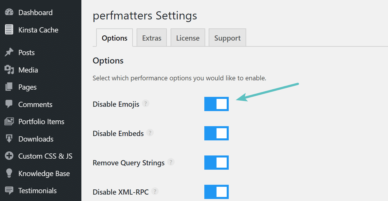 Disable emojis in perfmatters plugin