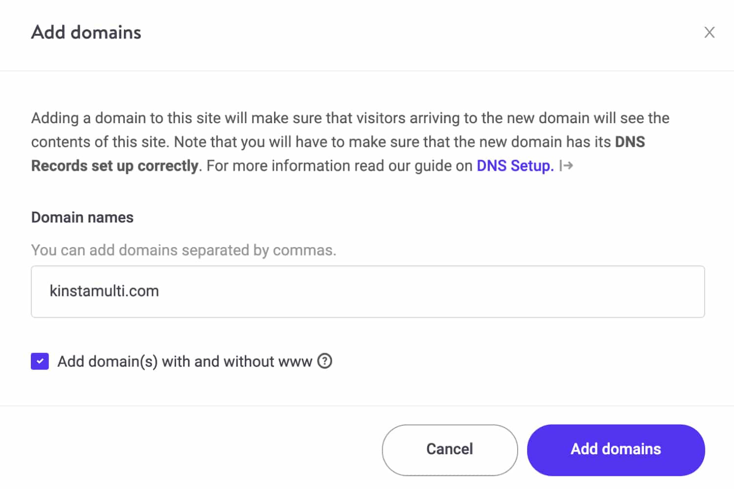 Add your main site’s domain in MyKinsta.