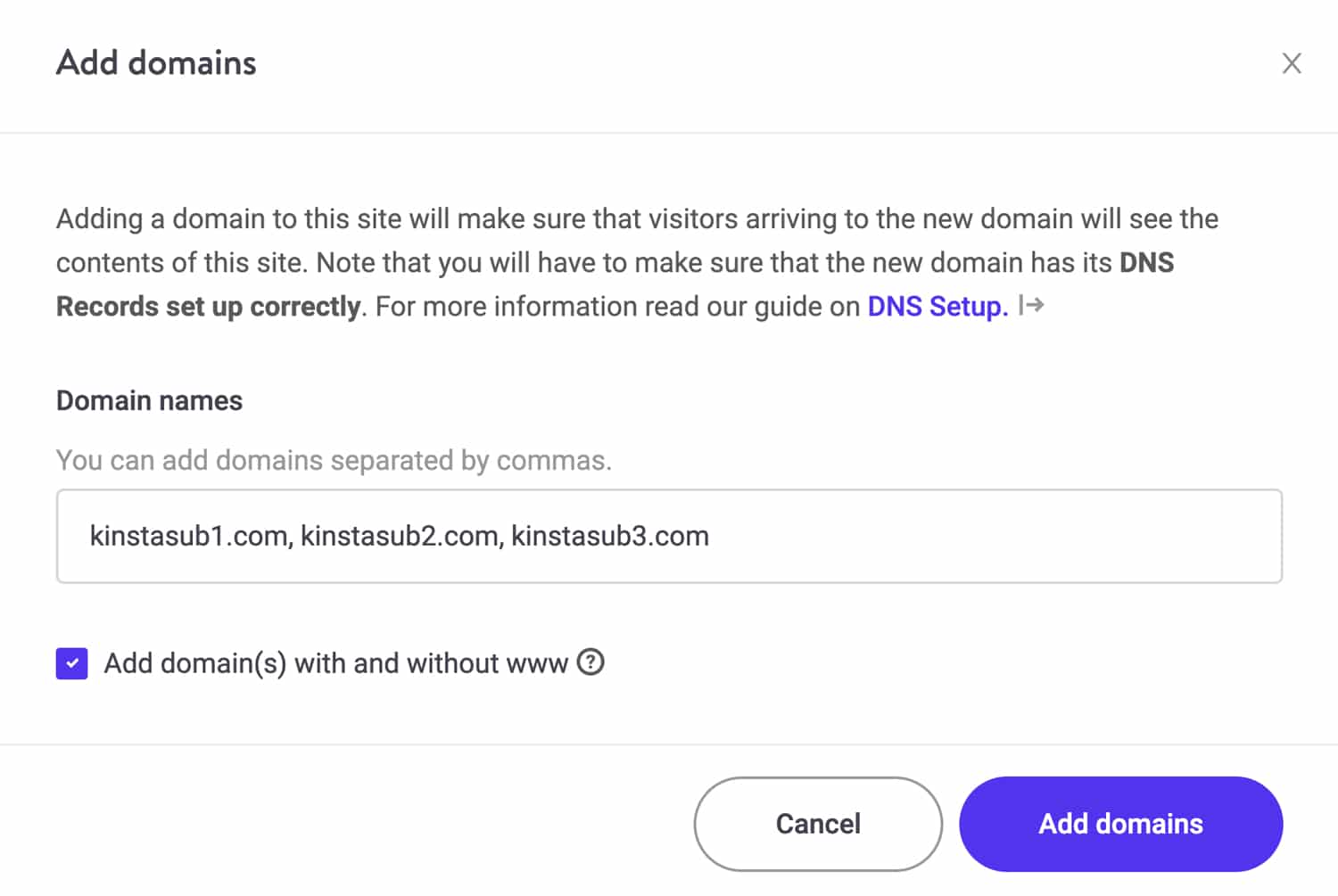 Add additional subsite domains in MyKinsta.