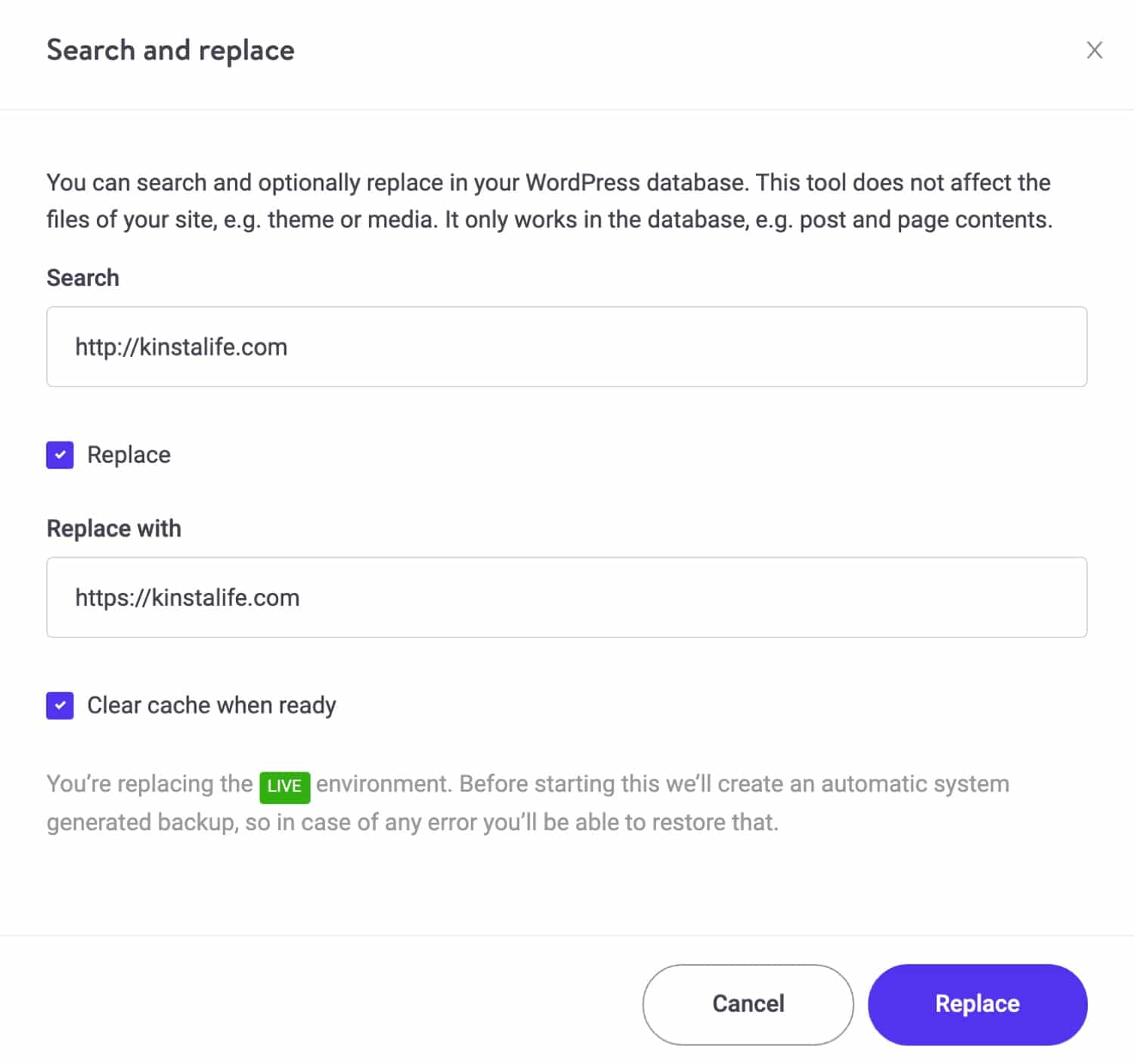 Kinsta search and replace tool.