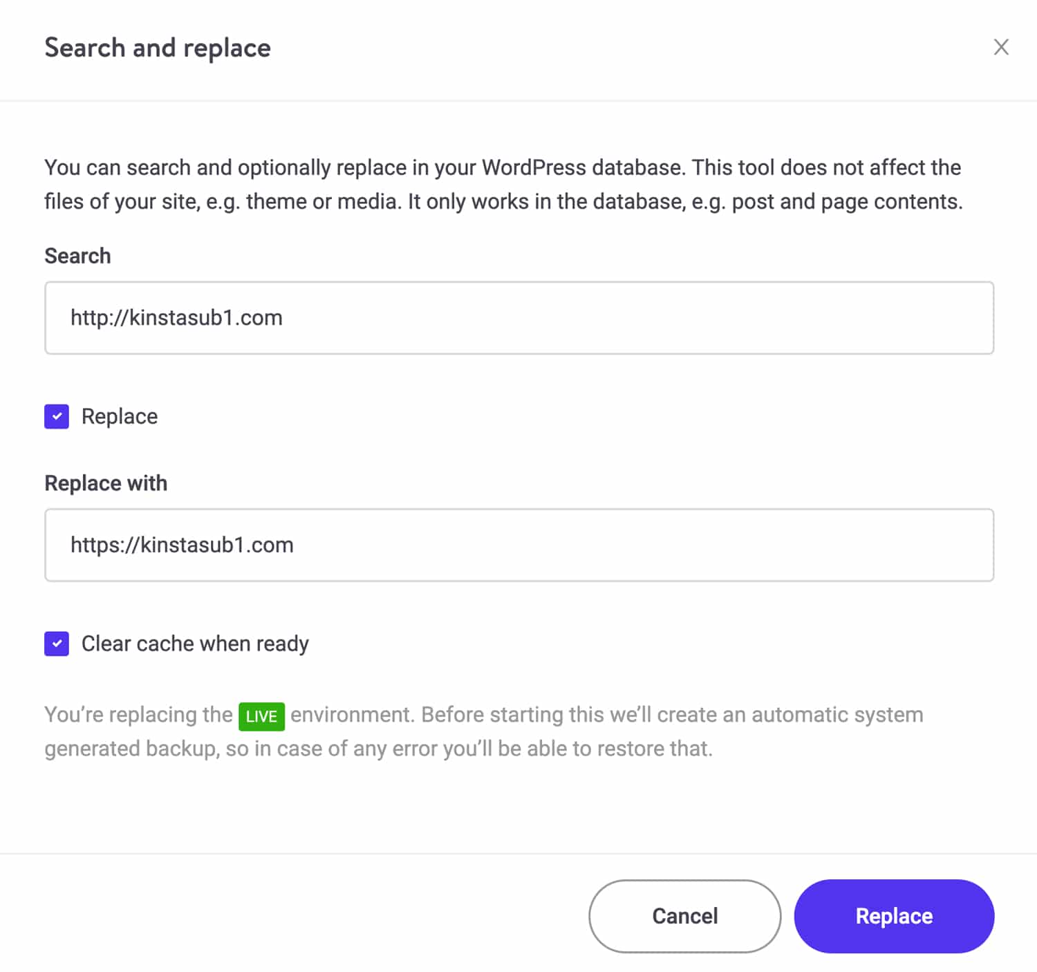 Run a search and replace to swap out HTTP URLs for HTTPS ones.