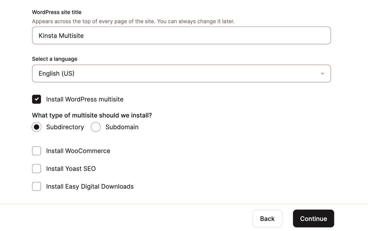 A screenshot of the Add new WordPress site dialog in MyKinsta with a multisite option selected.