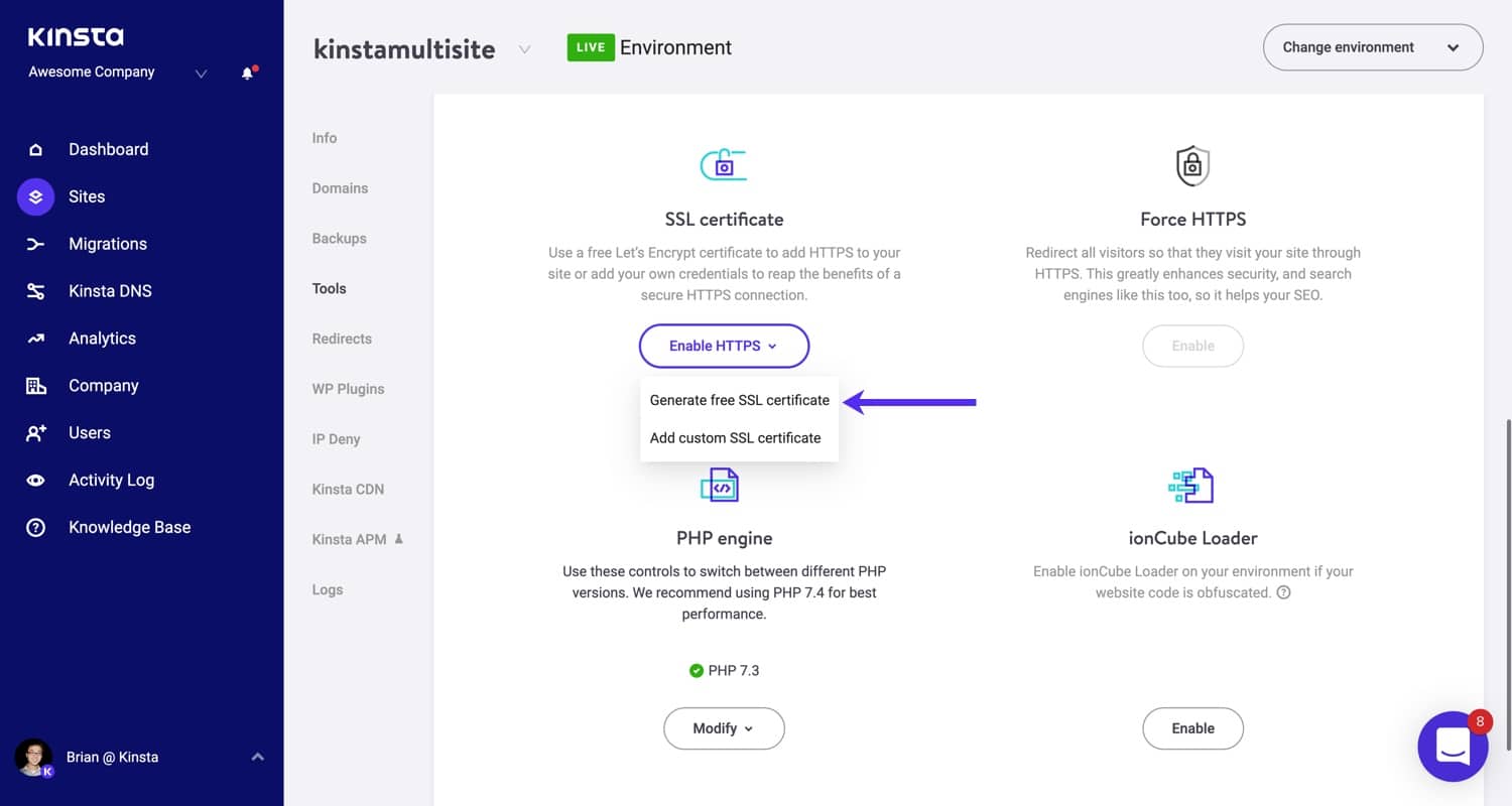 Generate an SSL certificate in MyKinsta.