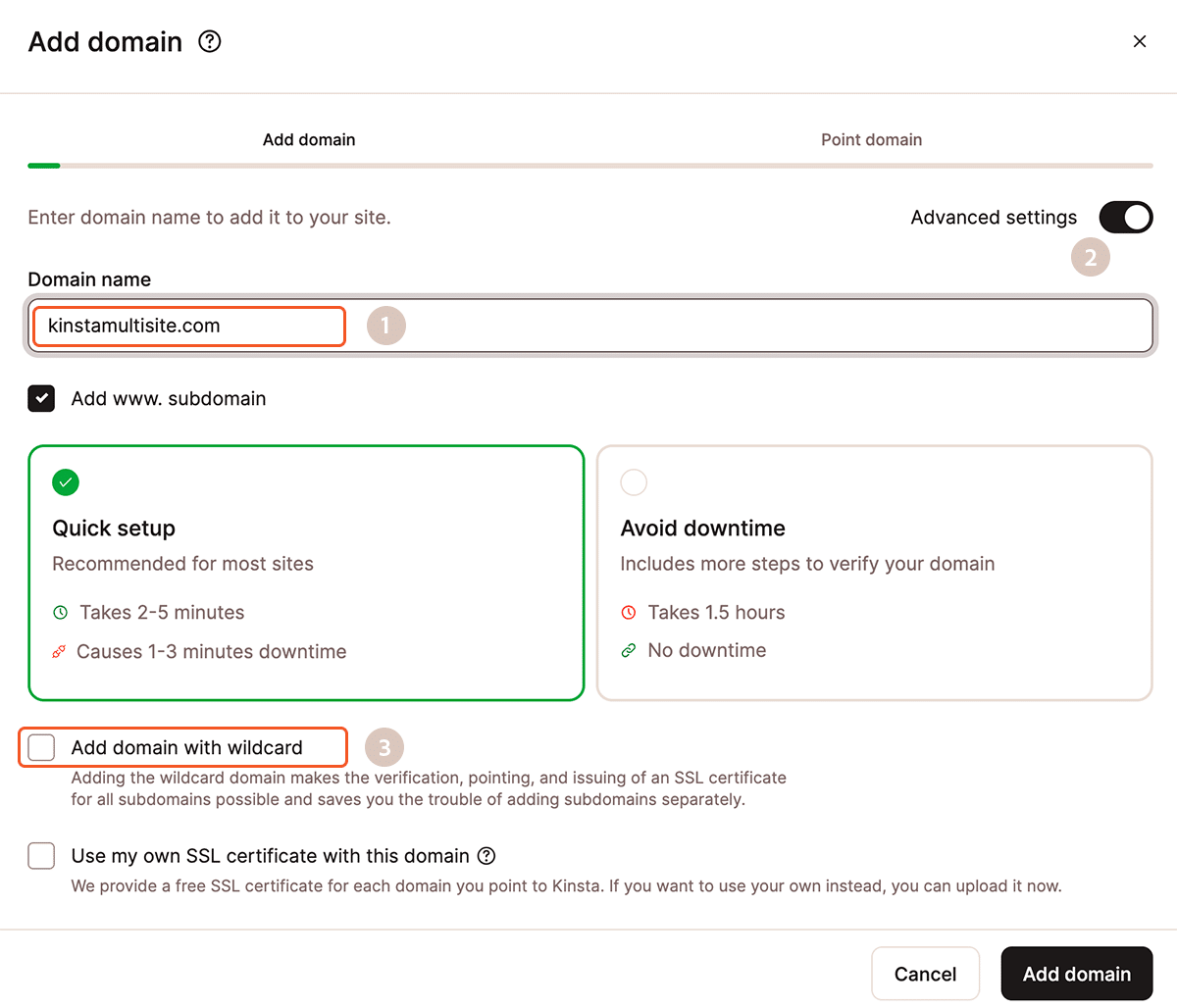 A screenshot of the Add Domain dialog in MyKinsta with Advanced Settings enabled,