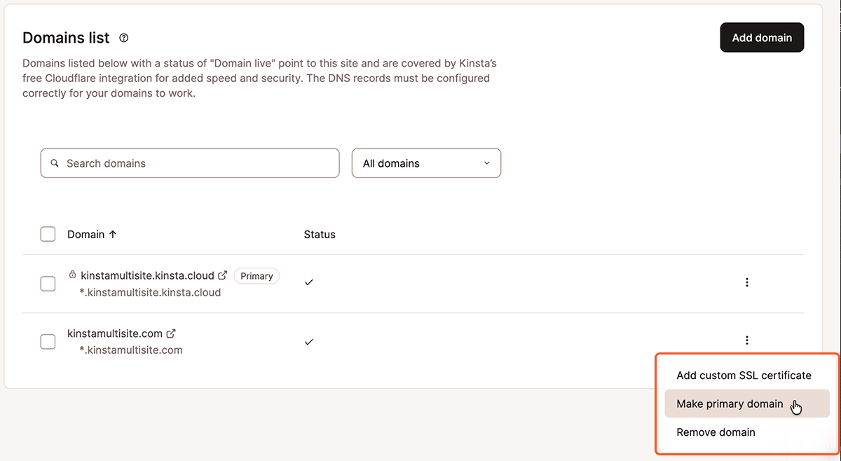 A screenshot of the Domains List dialog in MyKinsta.