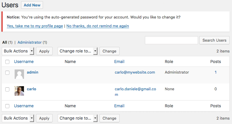 The users in the second website won't inherit their roles from the first website