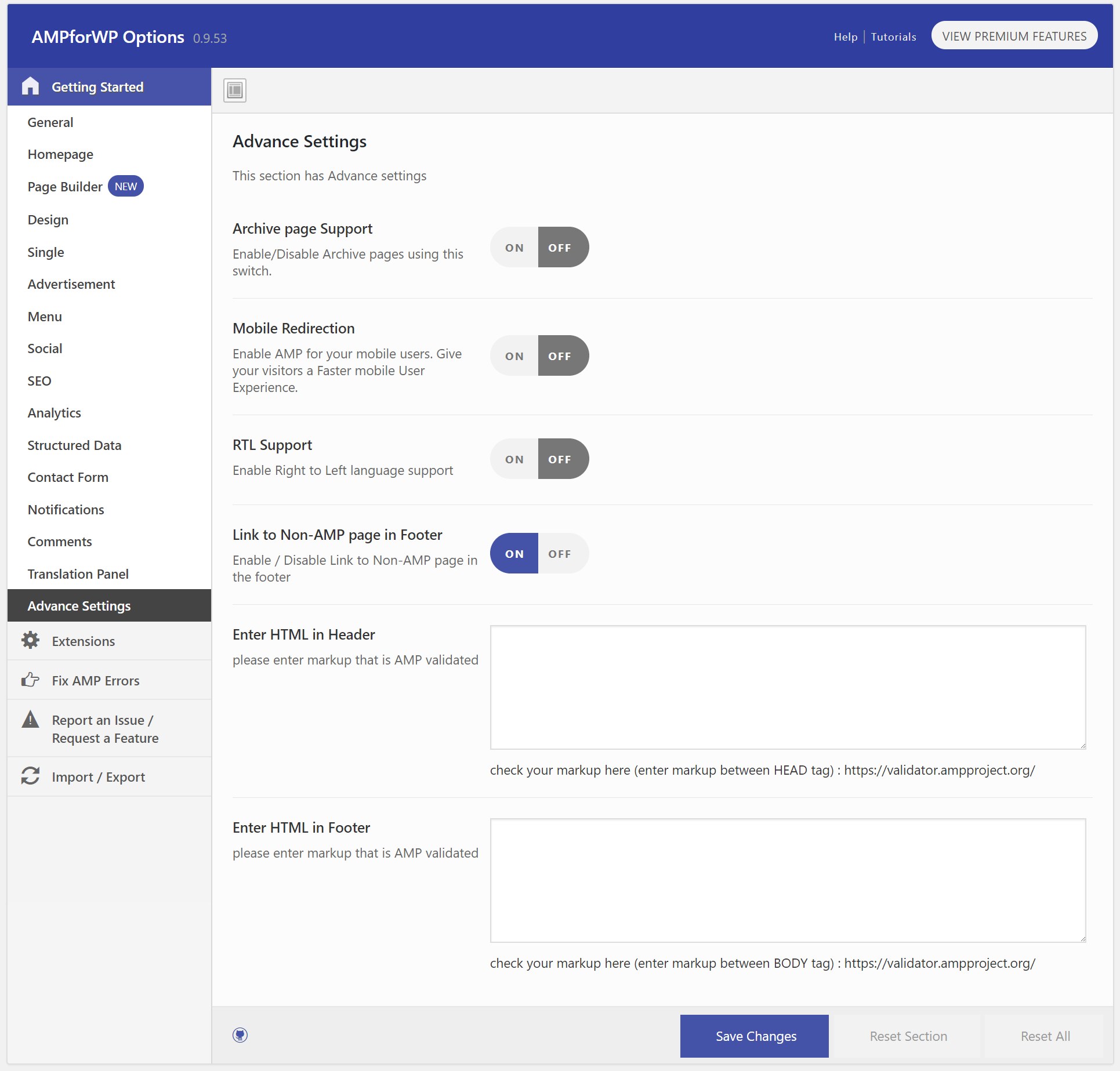 AMP advanced settings