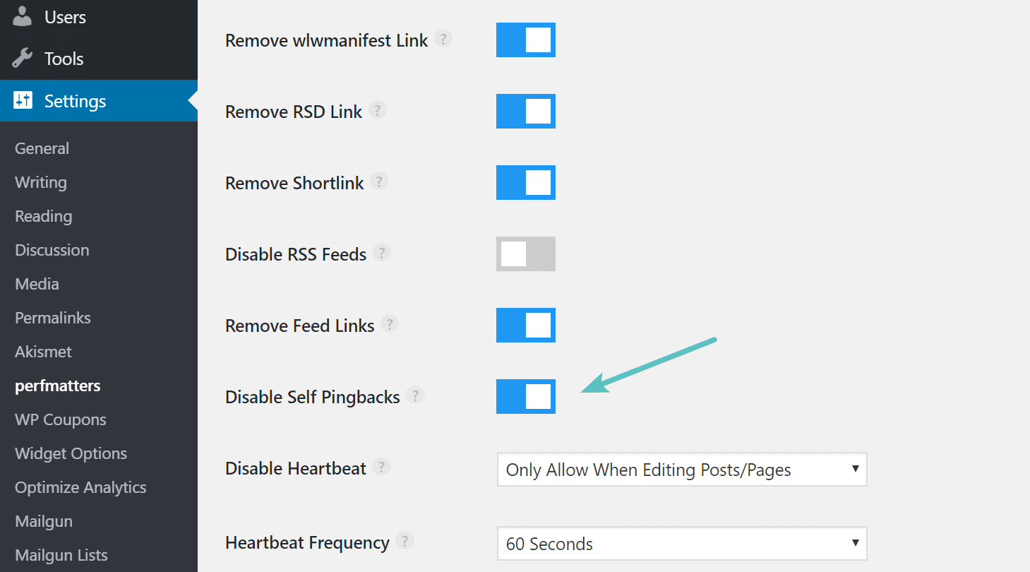 Disable self pingbacks with perfmatters