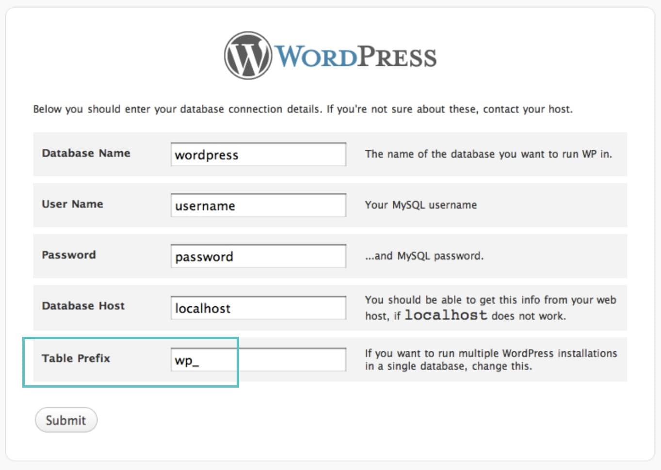 wordpress table prefix
