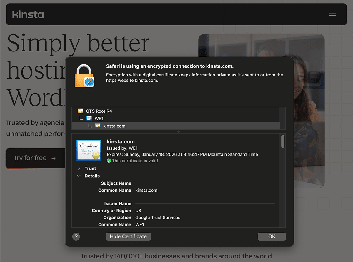 Uno screenshot che mostra i dettagli di un certificato SSL nel browser Safari.