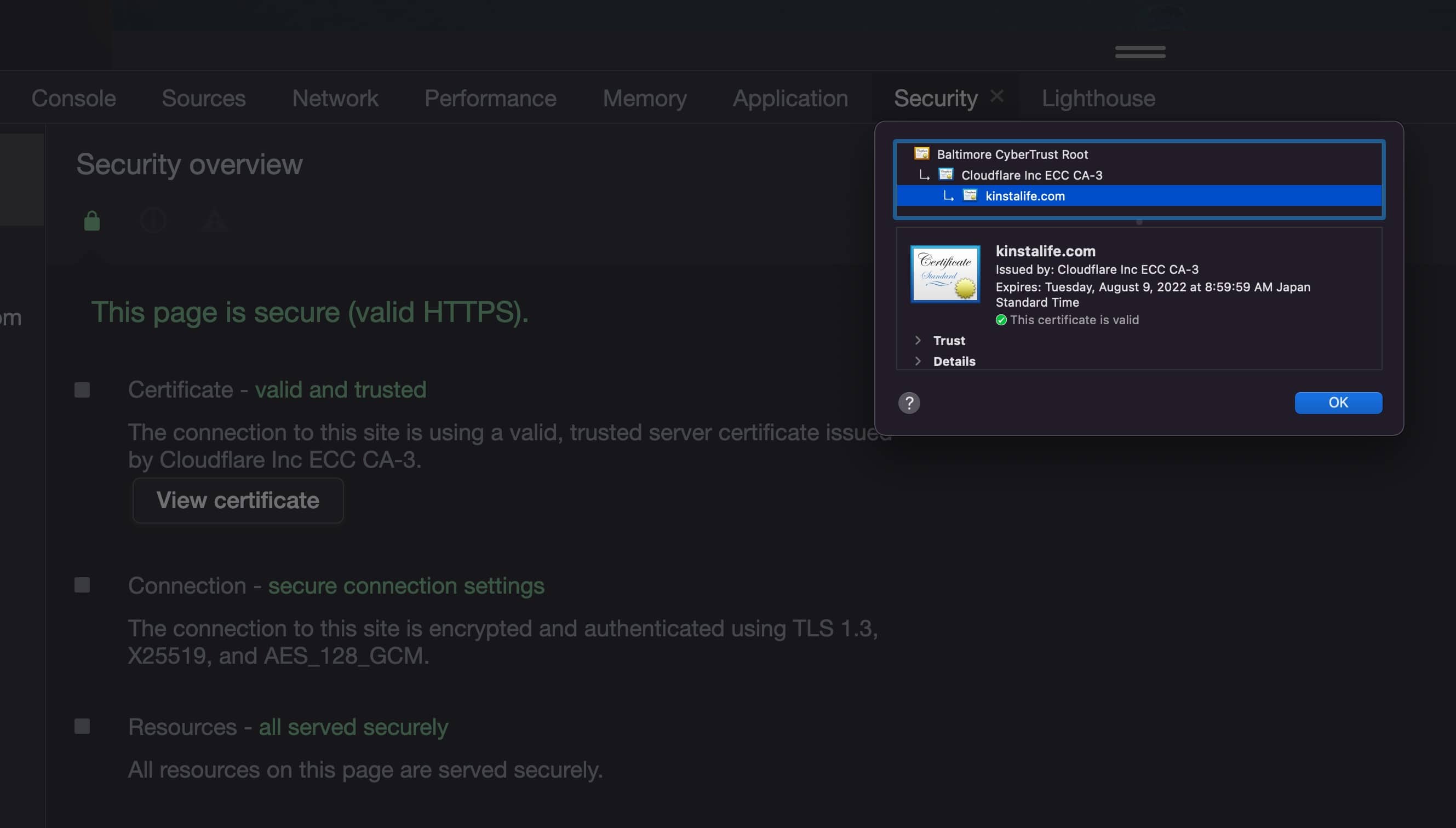 Cloudflare SSL in den Chrome-Entwicklungstools.