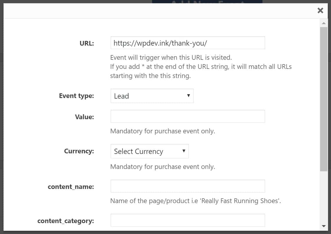 add custom event fb