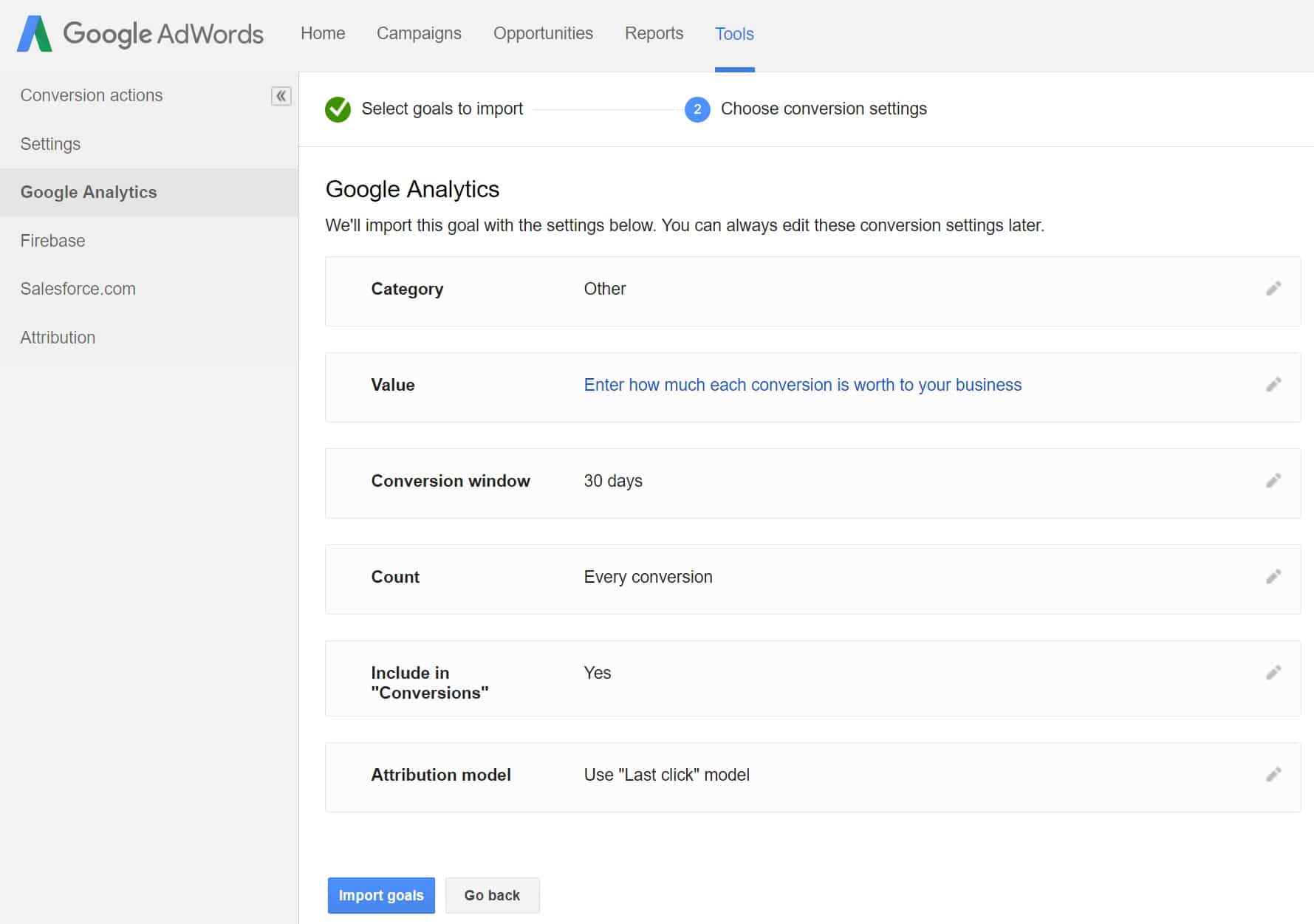 adwords conversion settings